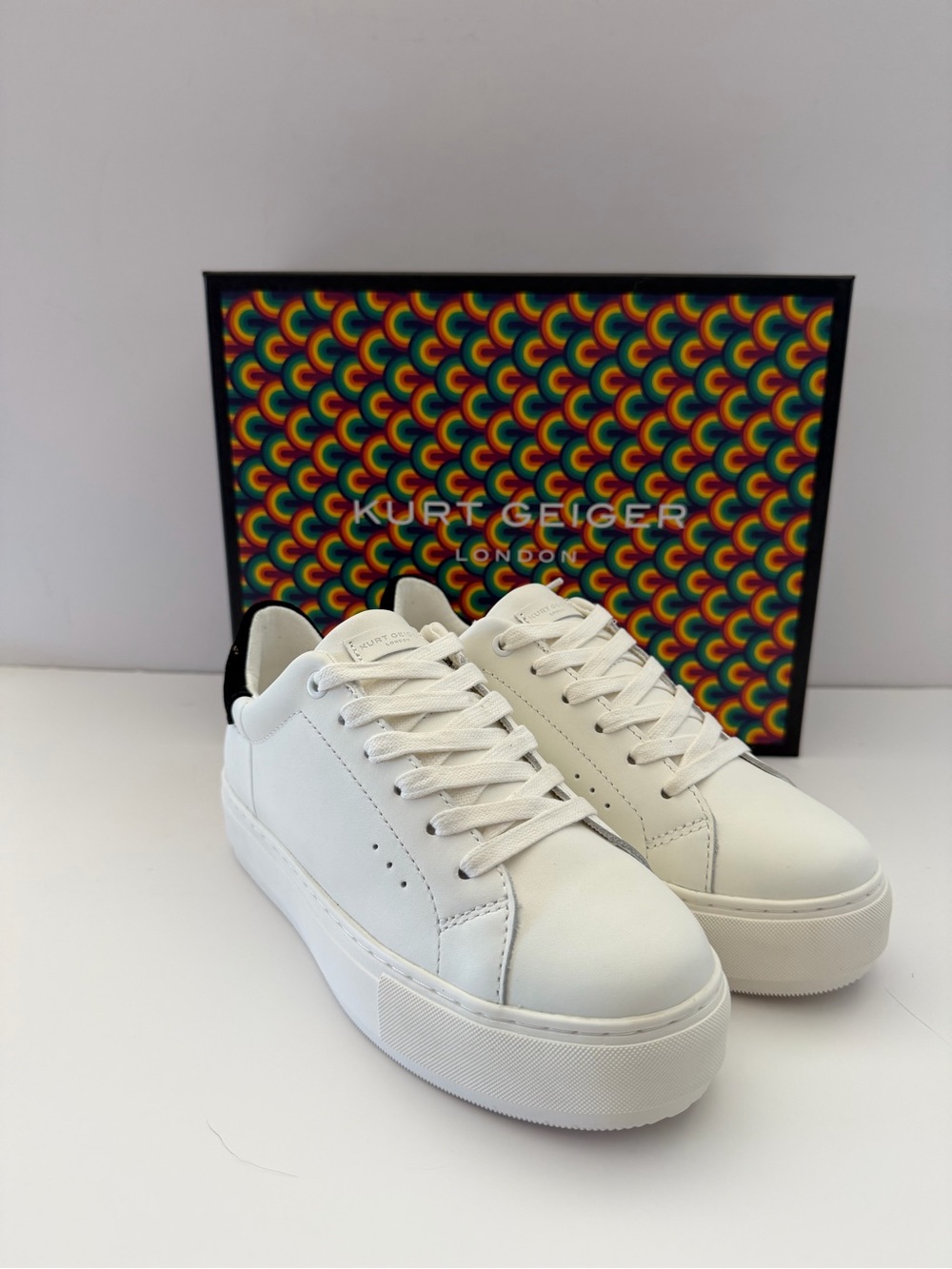 Kurt Geiger White Leather Platform Sneakers with Black Heel Tab
